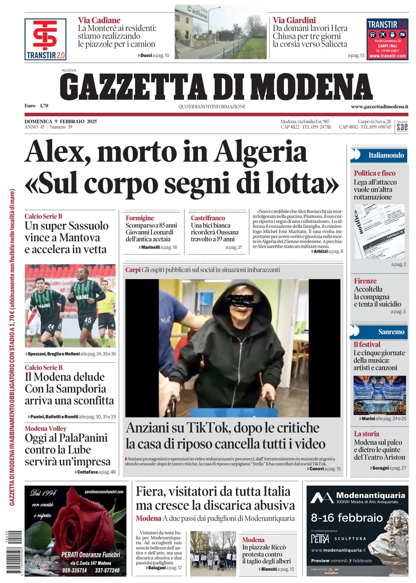 Prima-pagina-gazzetta di modena-oggi-edizione-del-2025-02-09